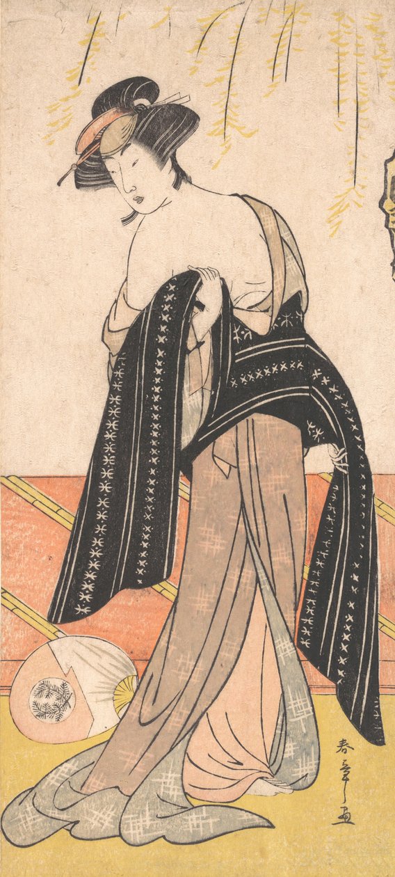 Skuespilleren Nakamura Riko som en Oiran som binder hennes Obi, ca. 1779. av Shunsho
