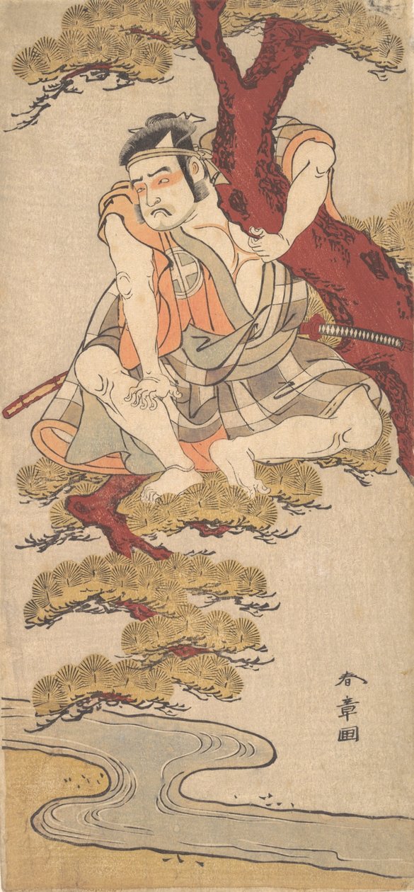 Skuespilleren Otani Hiroemon III ser på fra grenene til et furutre..., ca. 1775. av Shunsho