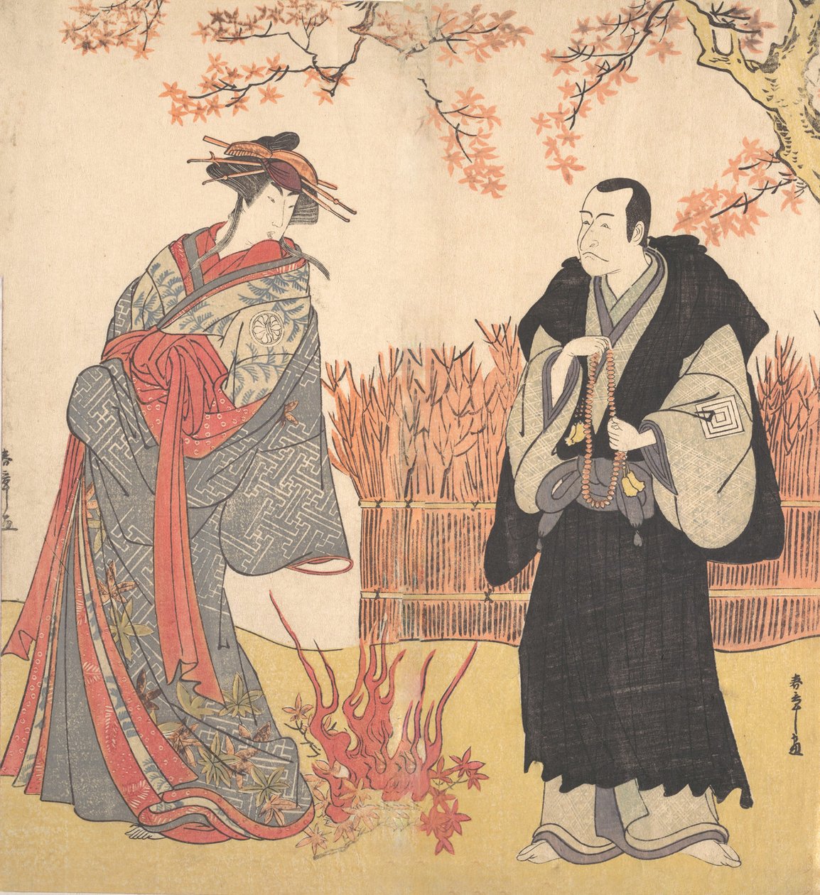 Den andre Segawa Tomisaburo som en høy kurtisane som står i et rom, ca. 1785. av Shunsho