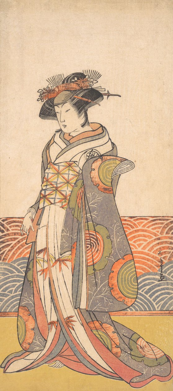 Den tredje Segawa Kikunojo som en kvinne som står i et rom med et bølgemønster Dado, ca. 1779. av Shunsho