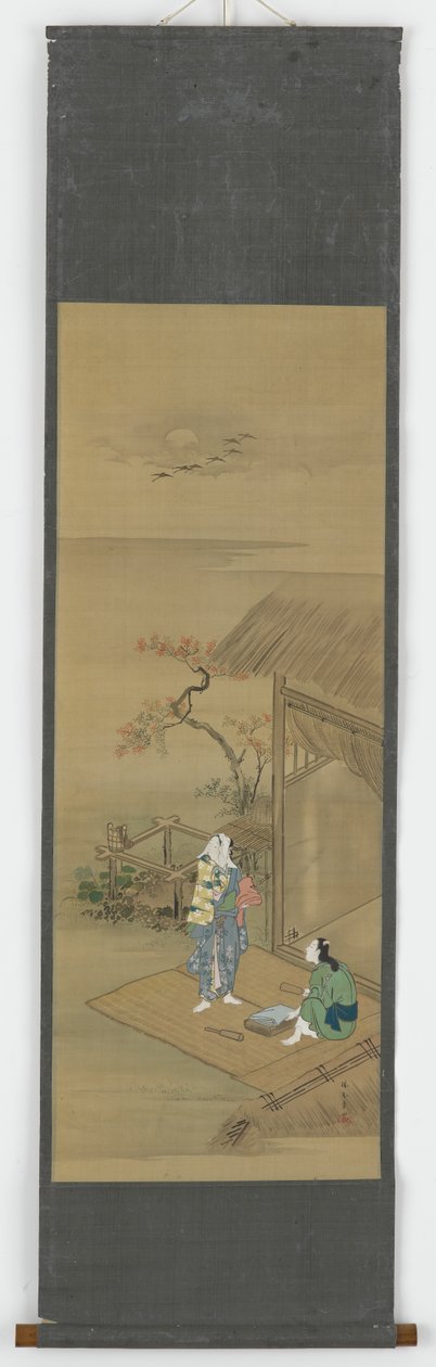 To bondepiker som slår tøy utenfor et hus, Edo-perioden, 1700-tallet. av Shunsho