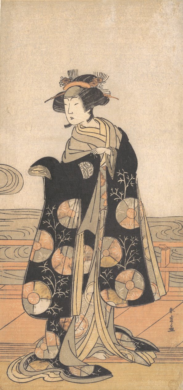 Yoshizawa Iroha som en kvinne som står på Engawa av et hus ved en elv, ca. 1778. av Shunsho