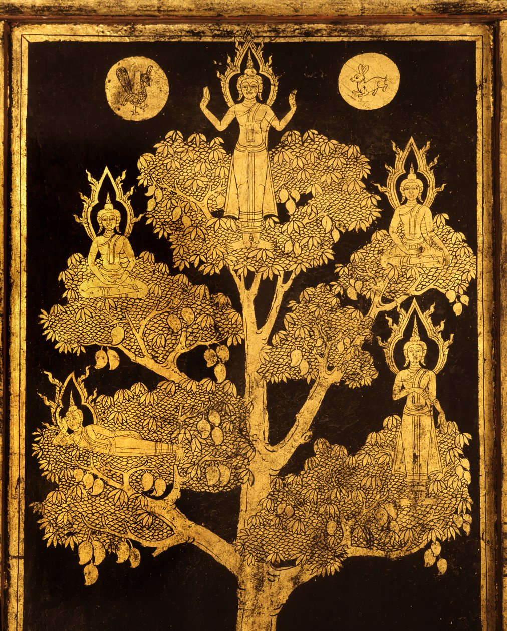 Bakpanel av et manuskriptskap med buddhistiske scener, sannsynligvis sen Ayutthaya-periode (lakkert og forgylt tre) av Siamese School
