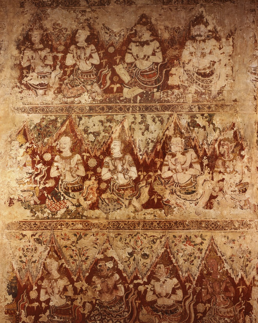 Veggmalerier som viser himmelske guder fra tidlig 1700-talls Ayutthaya-perioden (maling på stein) av Siamese School