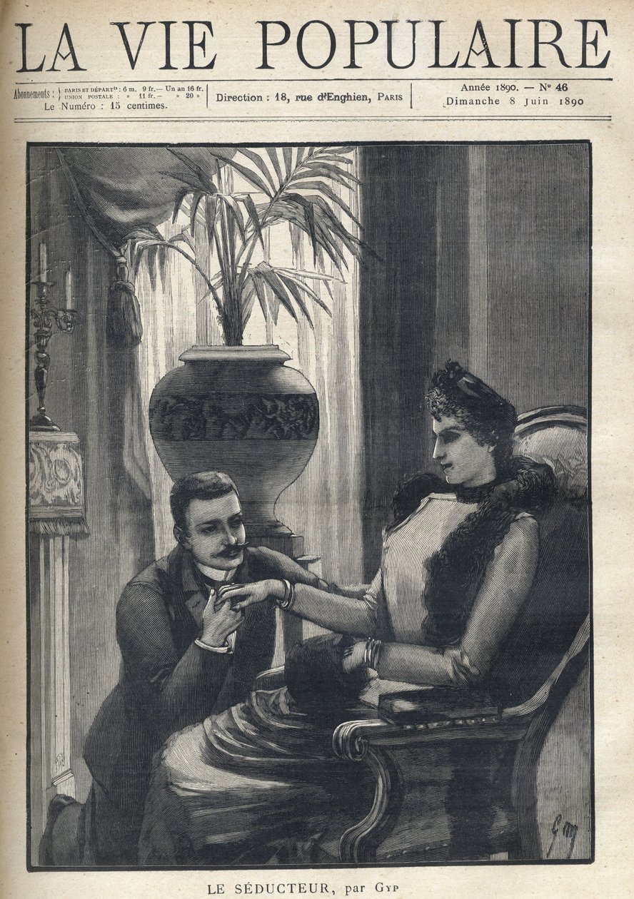 A man on his knees is holding the hand of an elegant woman, sitting in a bourgeois living room, wearing his coat, a sleeve and a fur scarf. Illustration for Le Seducteur par Gyp (Sibylle Gabrielle Marie Antoinette Riquetti de Mirabeau, Countess of Martel d av Sibylle Gabrielle de Riquetti de Mirabeau