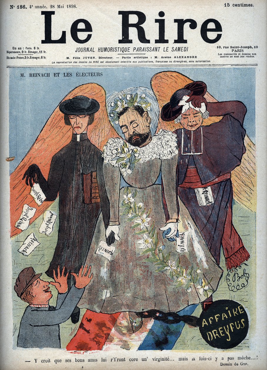 Dreyfus-saken - M. Reinach og valgmennene - Forside av satirisk magasin "" Le Lire"" som representerer Joseph Reinach (1856-1921) fransk forfatter og politiker som forsvarte Alfred Dreyfus (1859-1935) i Dreyfus-saken - illustrasjon av tegneserie av Gyp (Si av Sibylle Gabrielle de Riquetti de Mirabeau