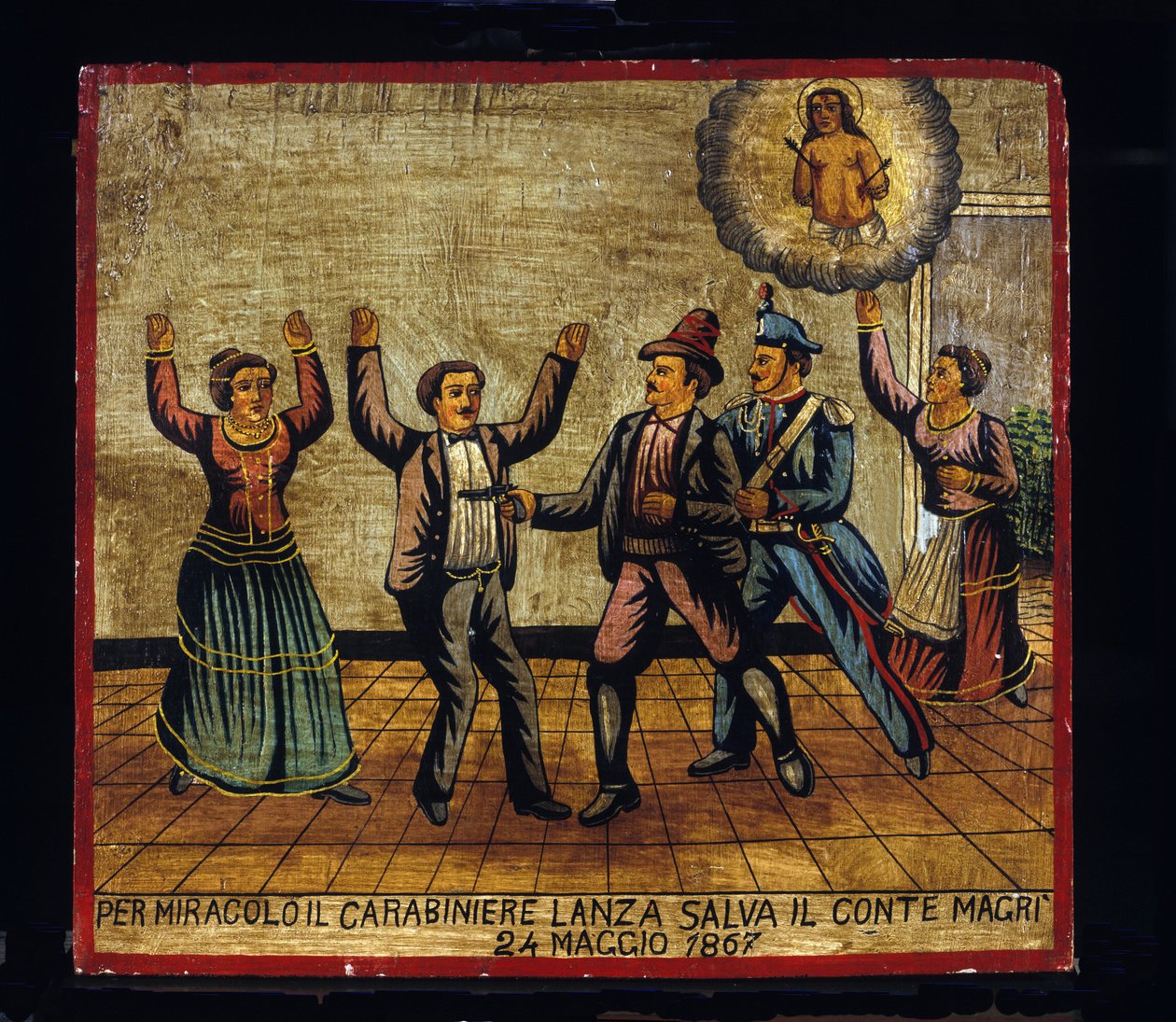 Ex-voto (ex voto) siciliansk: "" Ved mirakel redder Carabinier Lanza grev Magri 24.05.1867"". Representasjon av en brigandage (Brigantaggio): en raner angriper pistolen hans på Magri-paret mens karabinkroken overrasker ham bakfra. . av Sicilian School