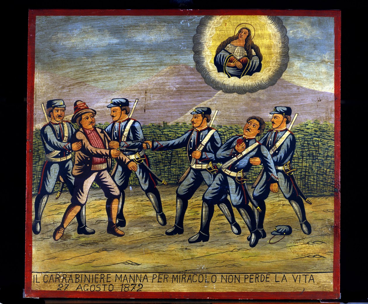 Ex-voto (ex voto) siciliansk: "" Karabineren Manna mister ved mirakel ikke livet 27.08.1872"". Representasjon av en brigandage (Brigantaggio): En raner skjøt på Carabinier Manna mens den andre Carabinieri stoppet ham. . av Sicilian School