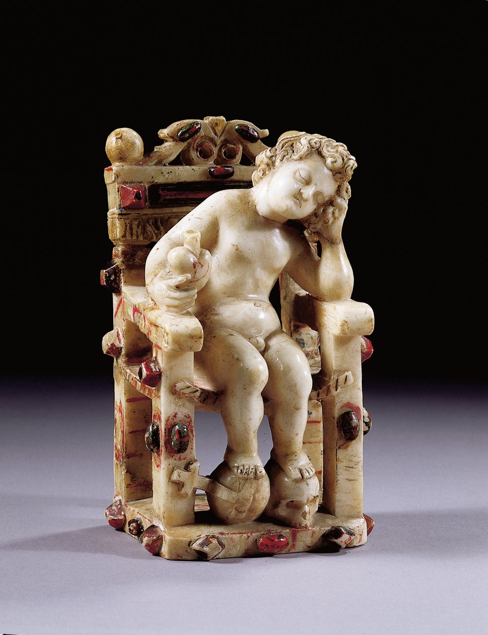 Figur av spedbarnet Kristus-barn sittende på en trone, tidlig på 1600-tallet (forgylt polykrom utskåret alabast) av Sicilian School