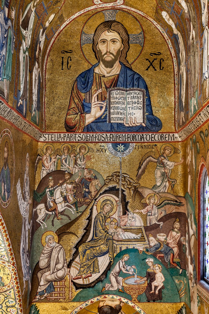 Palatinerkapellet (basilikaen), den sørlige apsis eller St Pauls "absidiola", mosaikker: "Christ Pantocrator" og "Nativity", XII århundre av Sicilian School