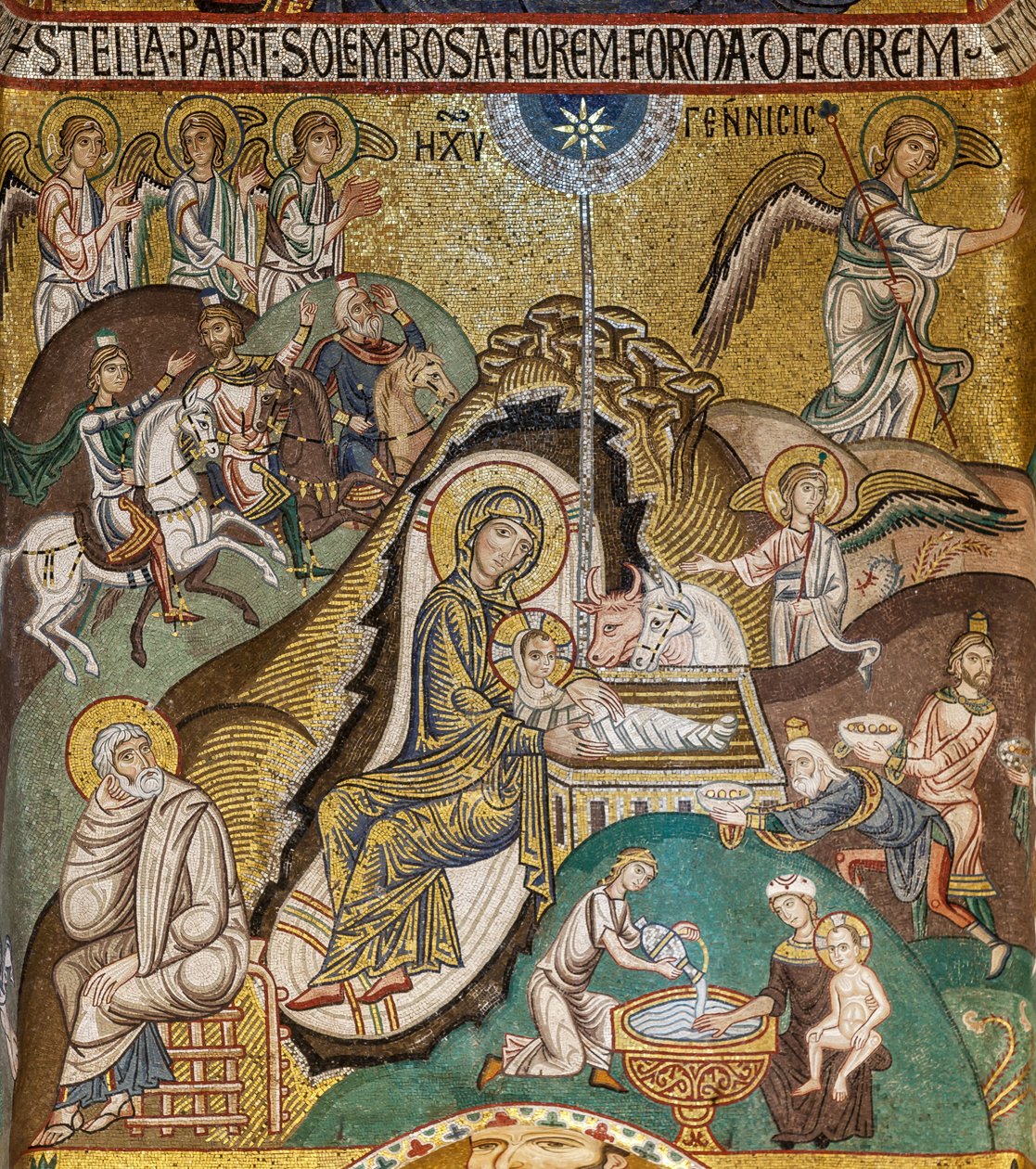 Palatinerkapellet (basilikaen), sørlige apsis eller St Pauls "absidiola", mosaikker: "Nativity", XII århundre av Sicilian School