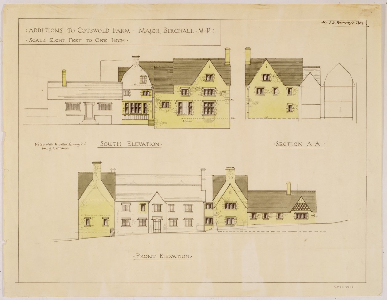Tillegg til Cotswold Farm: sør- og frontforhøyninger, ca. 1925 (trykk og wc på papir) av Sidney Barnsley