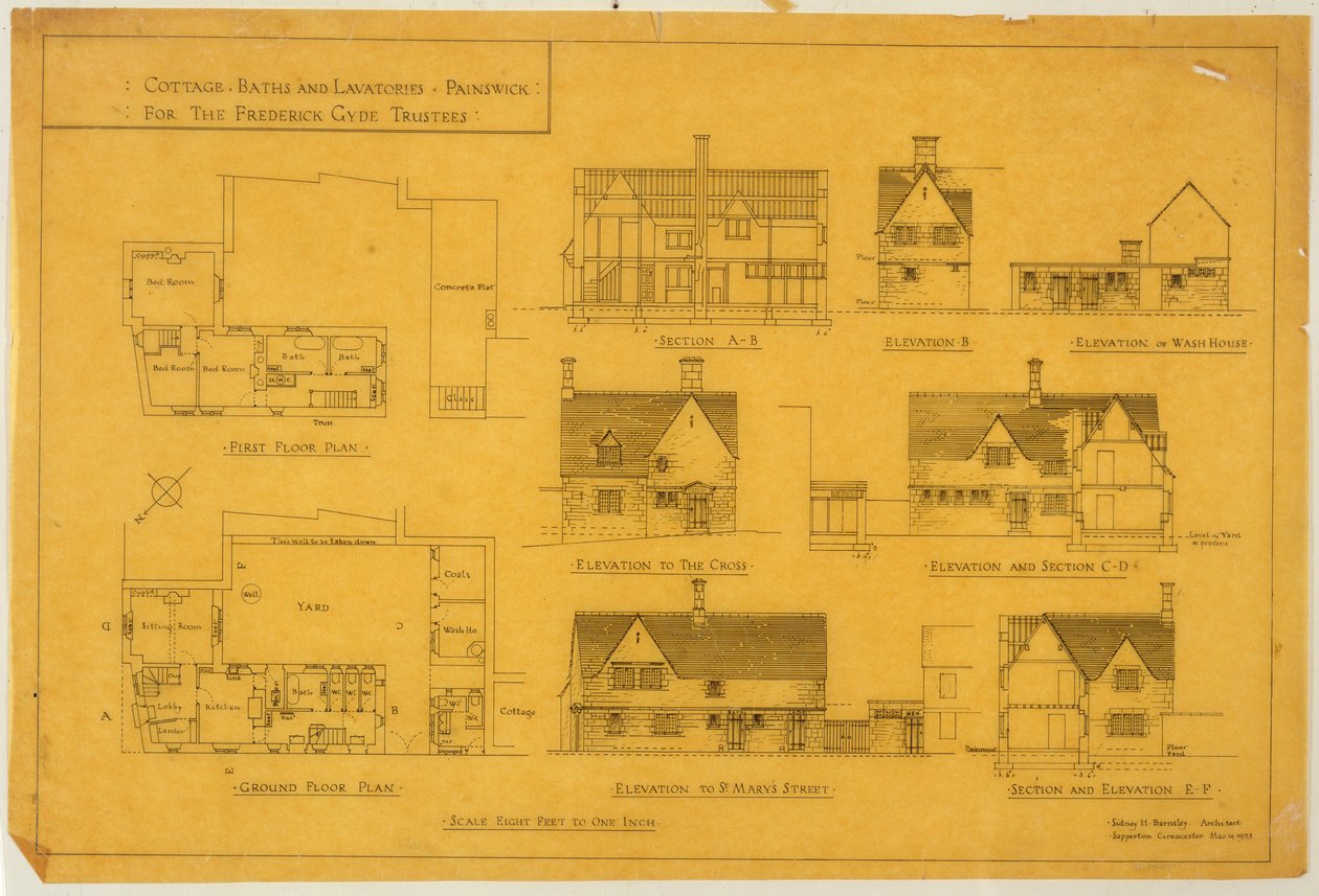 Hytte, bad og toaletter - Painswick, for Frederick Gyde Trustees, 14. mars 1923 (blekk på papir) av Sidney Barnsley