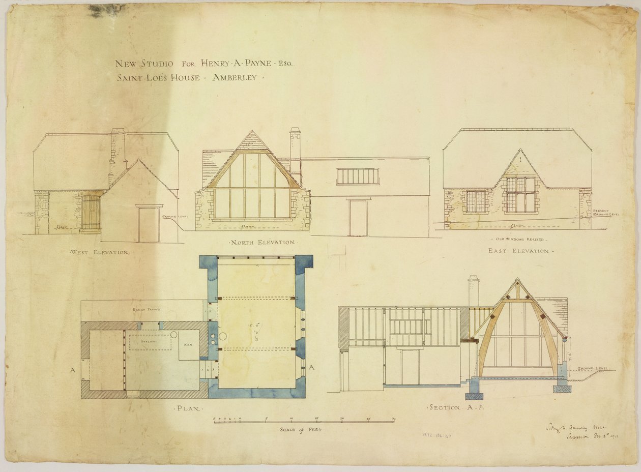 Nytt studio for Henry A. Payne esq. Saint Loes House, Amberley, 2. februar 1911 (wc på papir) av Sidney Barnsley