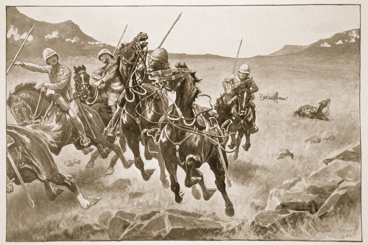Running the hansken: en Lancer Patrol under kryssild, illustrasjon fra 'Battles of the Nineteenth Century, Vol. VI: The Boer War of 1899-1900' av Archibald Forbes, GA Henty og major Arthur Griff av Sidney Paget