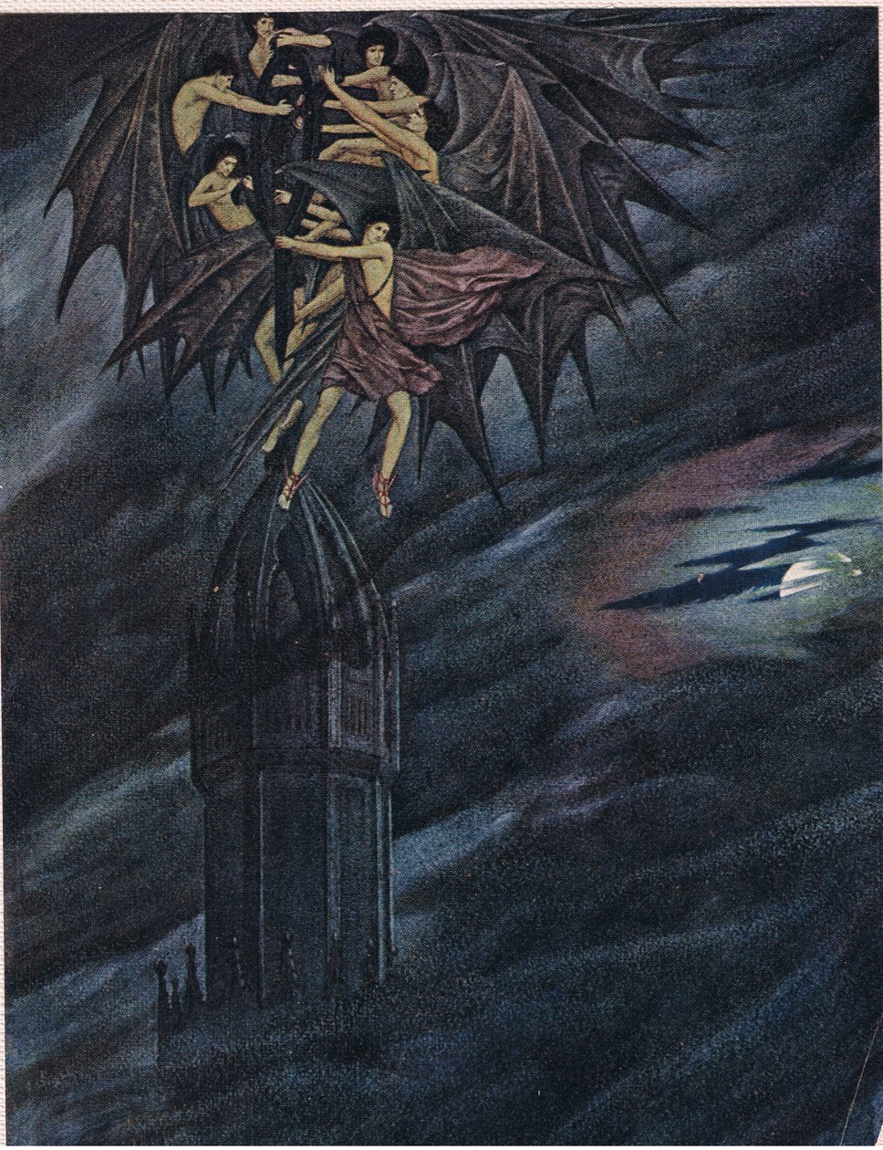 Lucifer og englene hans skynder seg! Skynd deg! O dere ånder, dra det tunge korset av jern fra dens stasjon av Sidney Meteyard