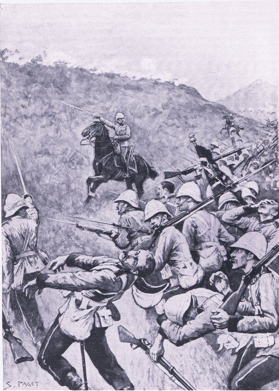 Langs Nek, 28. januar 1881 (1. Boer War), illustrasjon fra British Battles on Land and Sea, 1915 av Sidney Paget