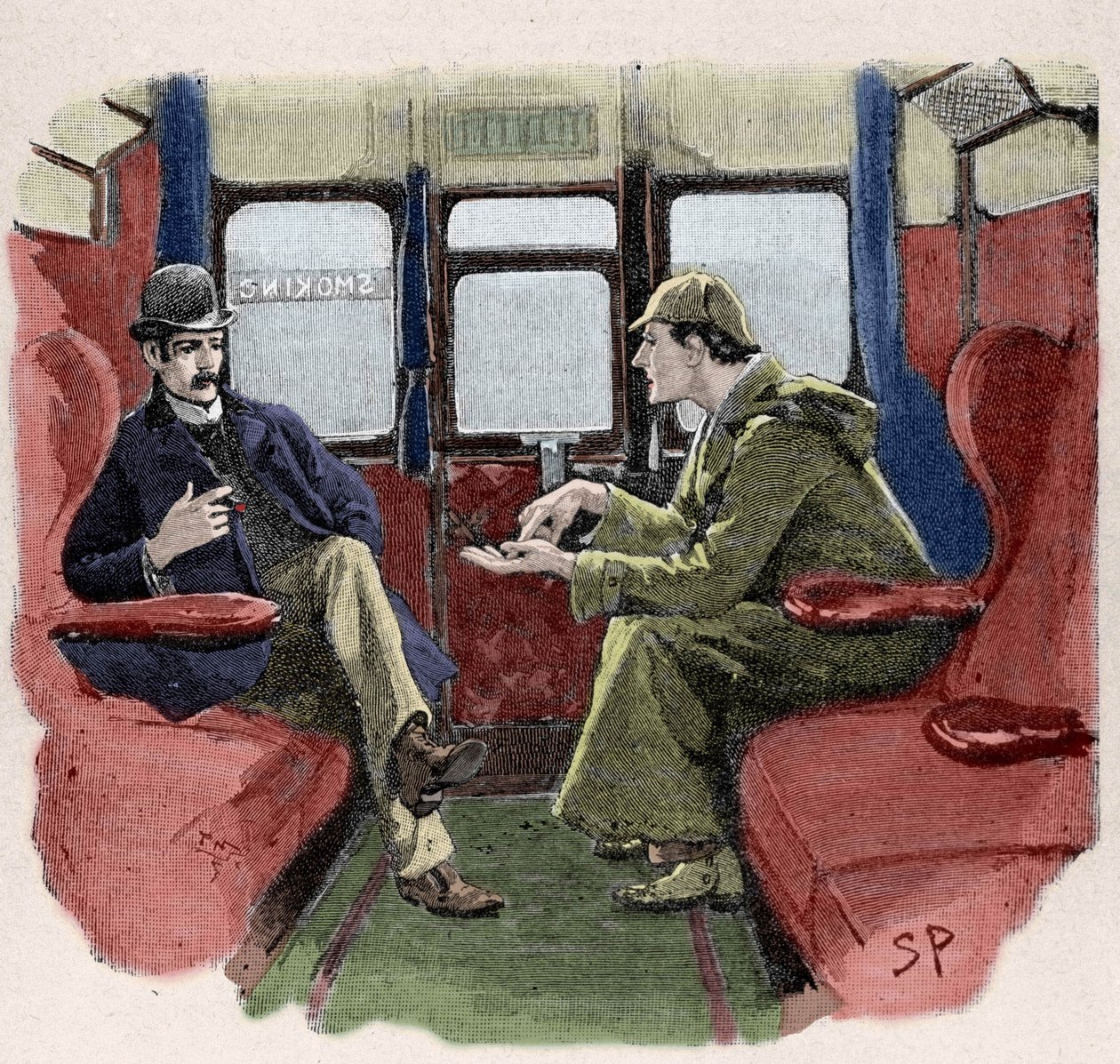 Silver Blaze: Sydney Pagets illustrasjon av et Sherlock Holmes-eventyr. Den berømte detektiven er representert med Dr. Watson på et tog. Publisert på "The Strand Magazine". Nyheter av Conan Doyle. 1892. av Sidney Paget