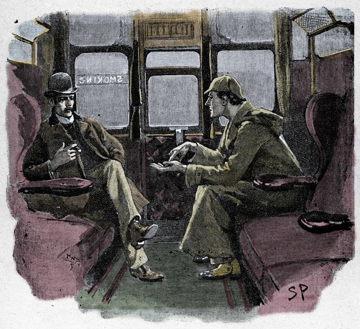 Silver Blaze: Sydney Pagets illustrasjon av et Sherlock Holmes-eventyr. Den berømte detektiven er representert med Dr. Watson på et tog. Publisert på "The Strand Magazine". Nyheter av Conan Doyle. 1892. av Sidney Paget