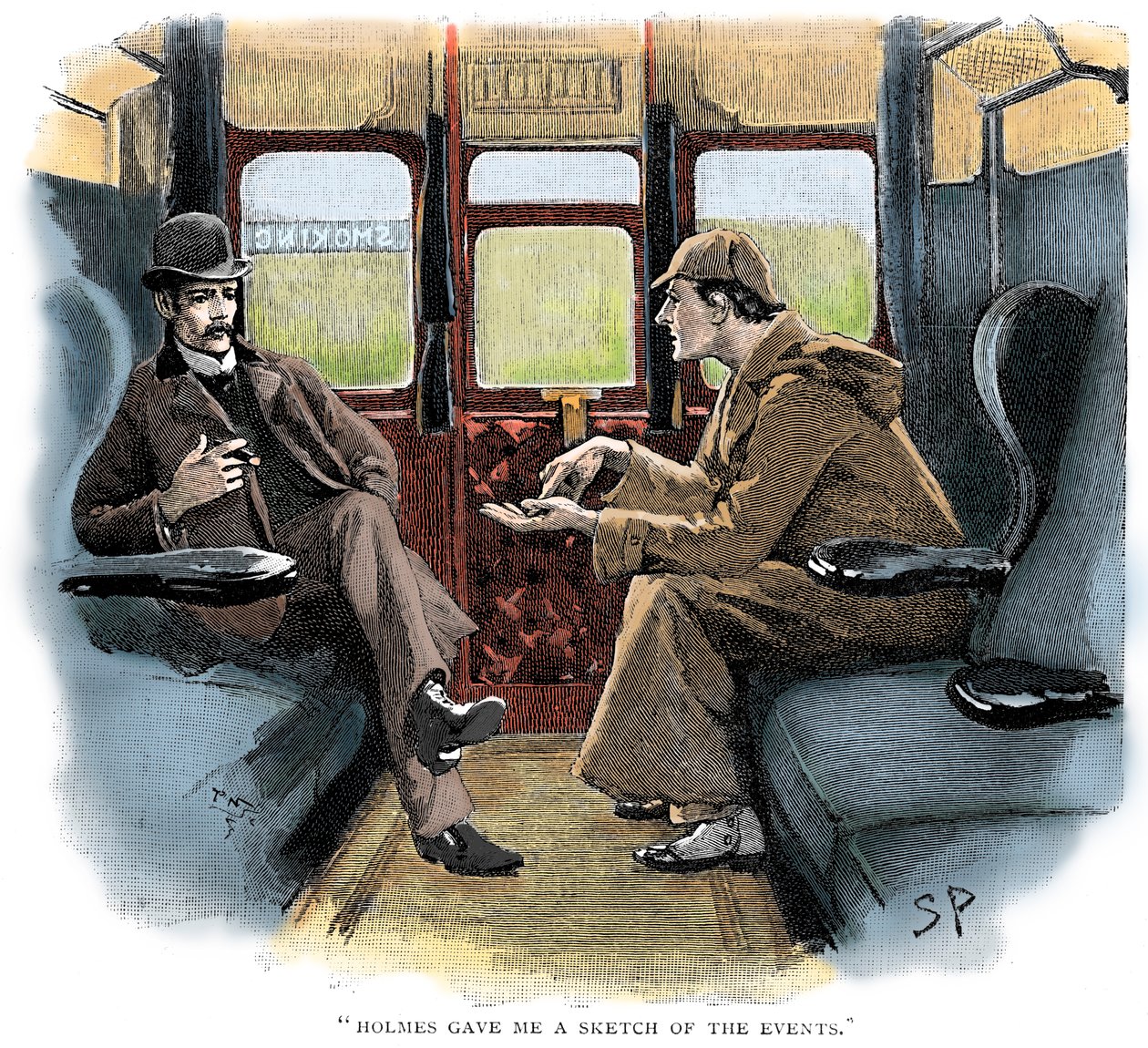 The Adventure of Silver Blaze, Holmes og Watson på tog av Sidney Paget
