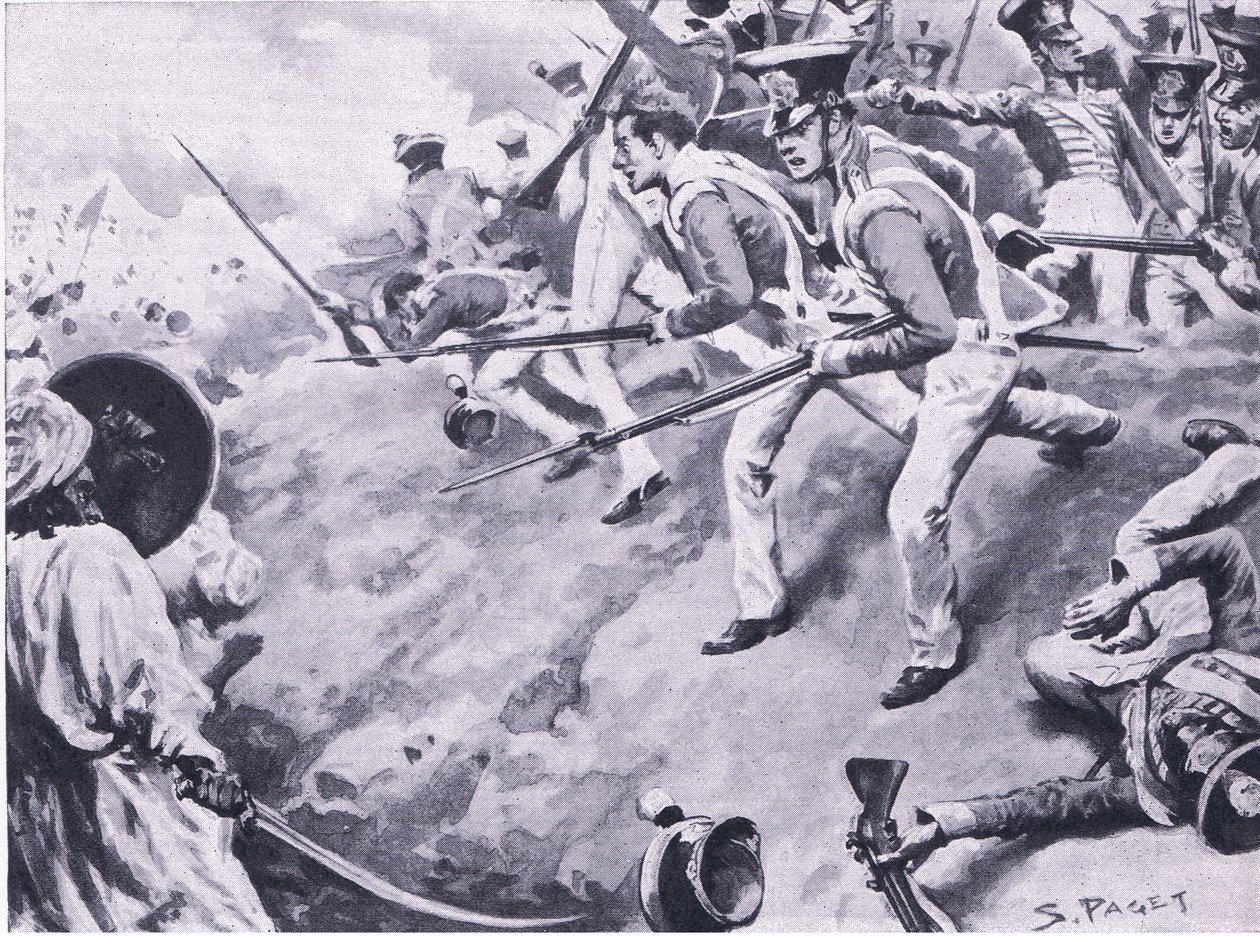 Slaget ved Dubba, 24. mars 1843, illustrasjon fra British Battles on Land and Sea, 1915 av Sidney Paget