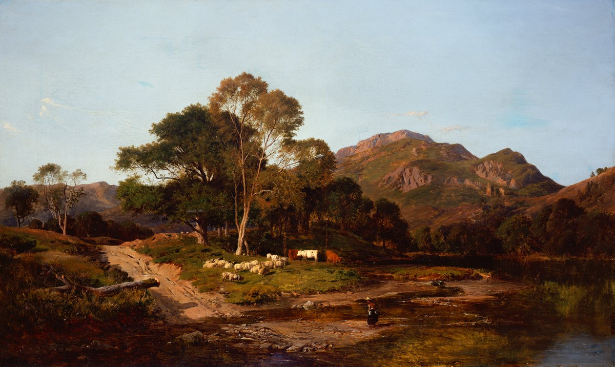 En melkepike krysser en Ford med sauer og storfe bortenfor av Sidney Richard Percy