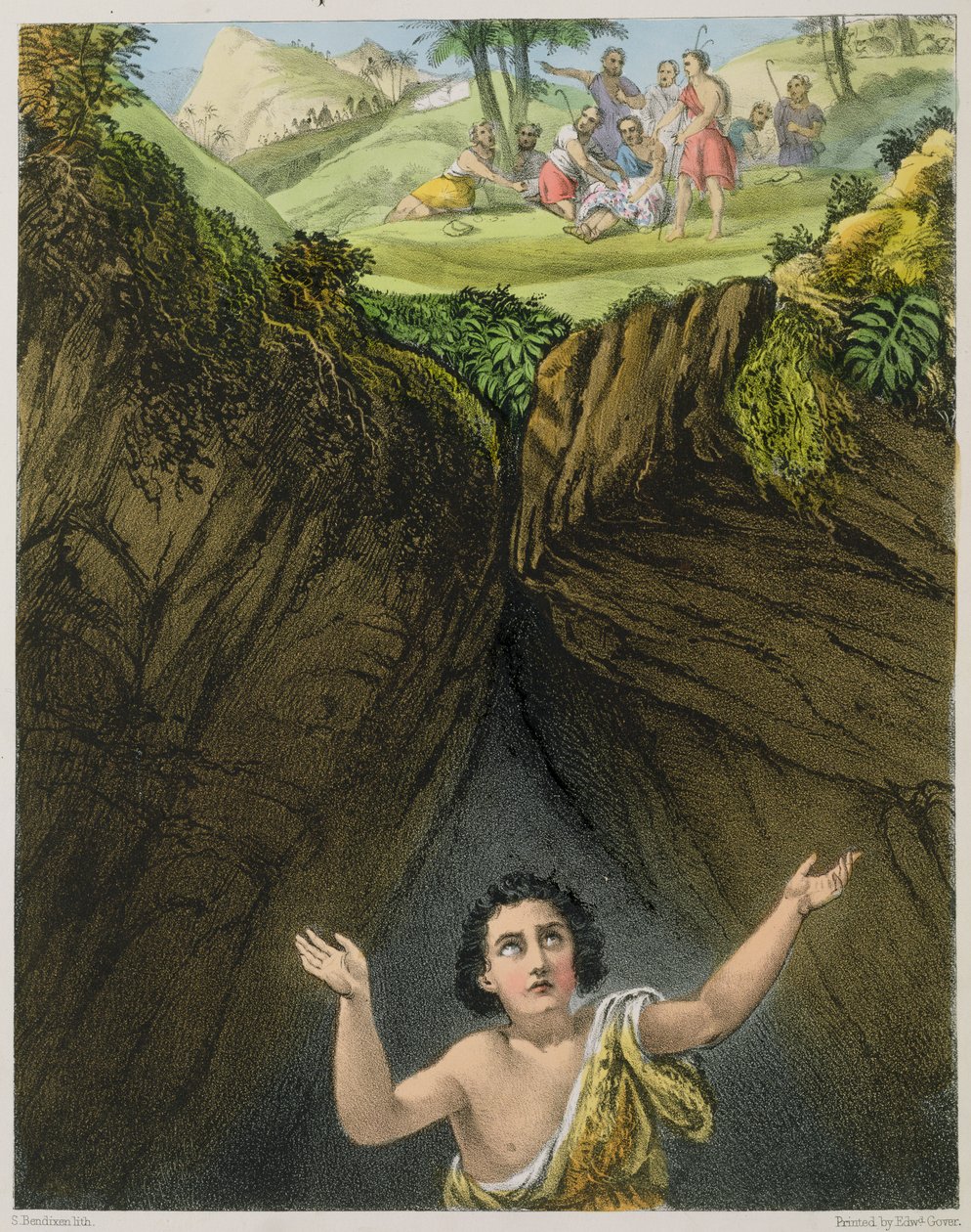 Joseph Cast into the Pit av hans brødre, fra en bibel trykt av Edward Gover, 1870-tallet av Siegfried Detler Bendixen