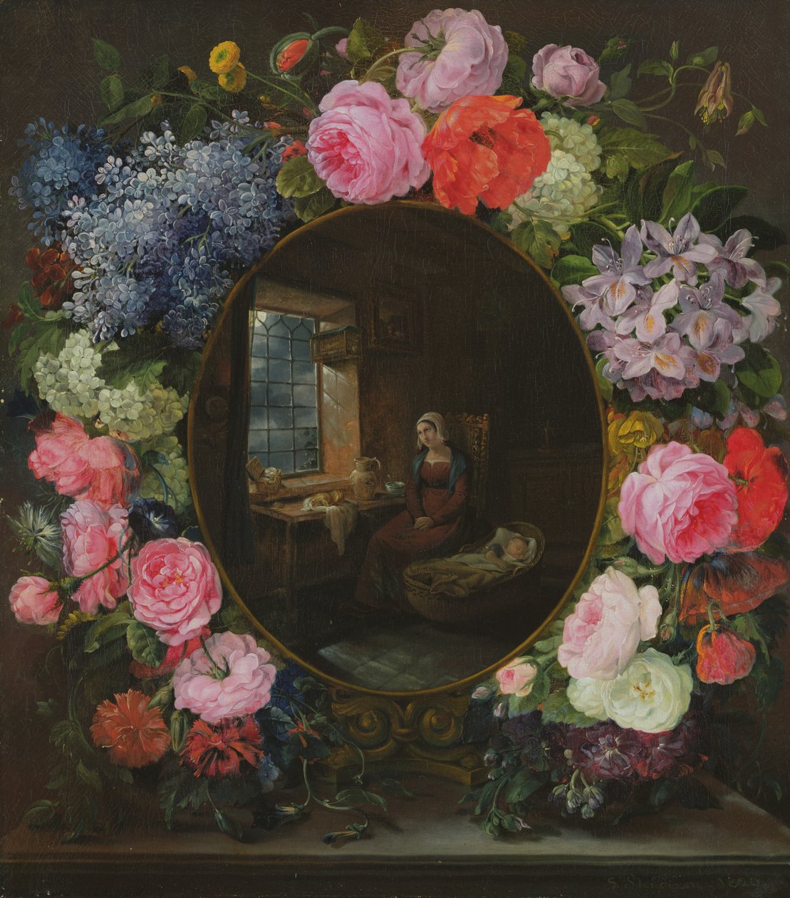 Mor og barn i en krans av blomster, 1829 av Siegfried Detler Bendixen
