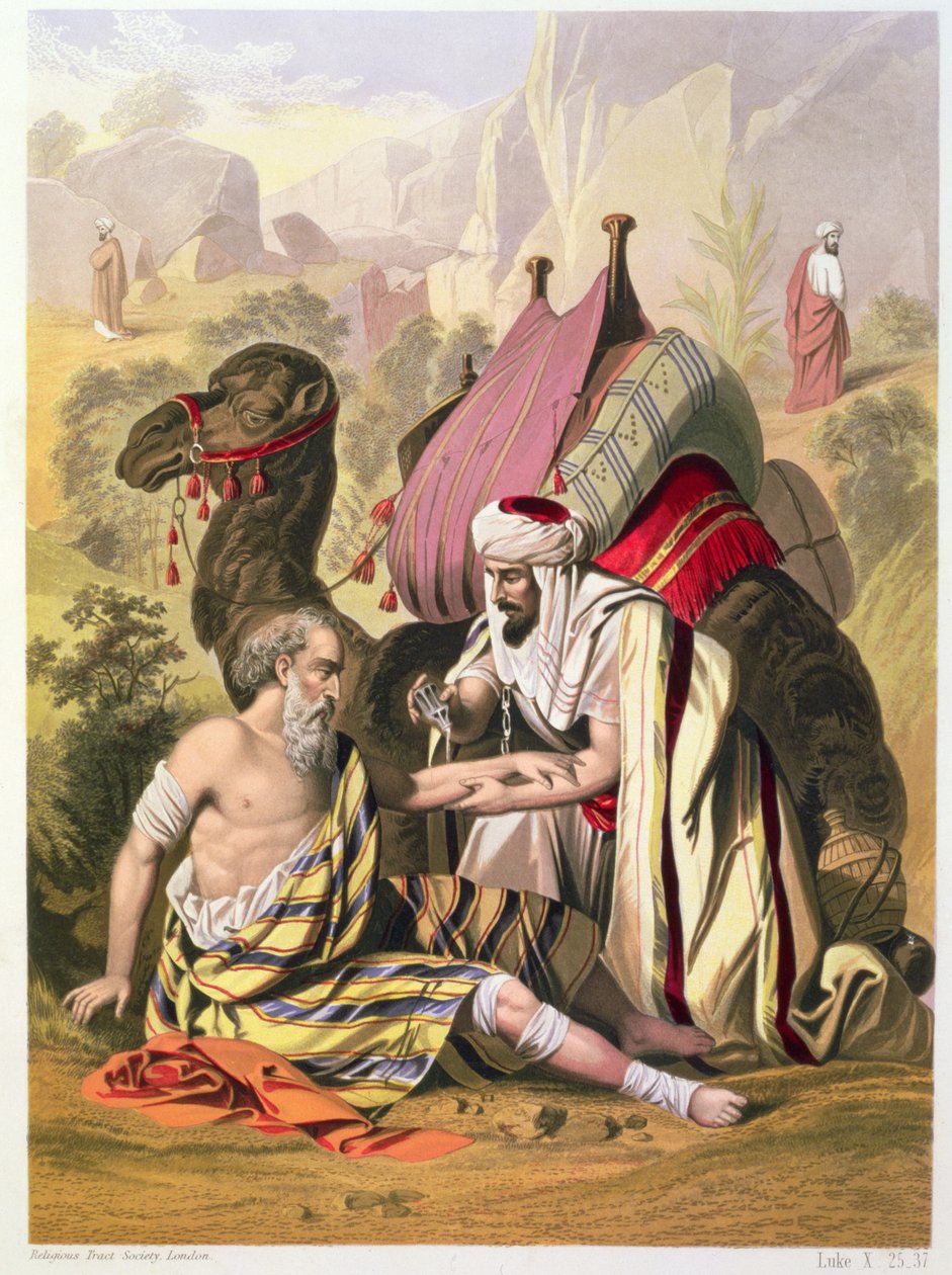 Den barmhjertige samaritan, fra en bibel trykt av Edward Gover, 1870-tallet av Siegfried Detler Bendixen