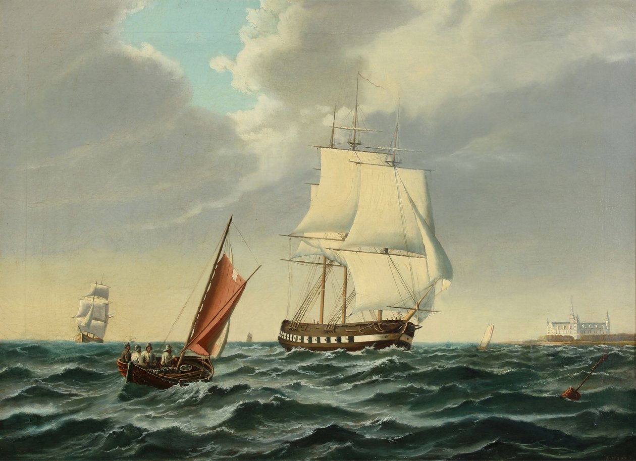 Krigsskip for utgående med Kronborg på havn av Siegfried Hass