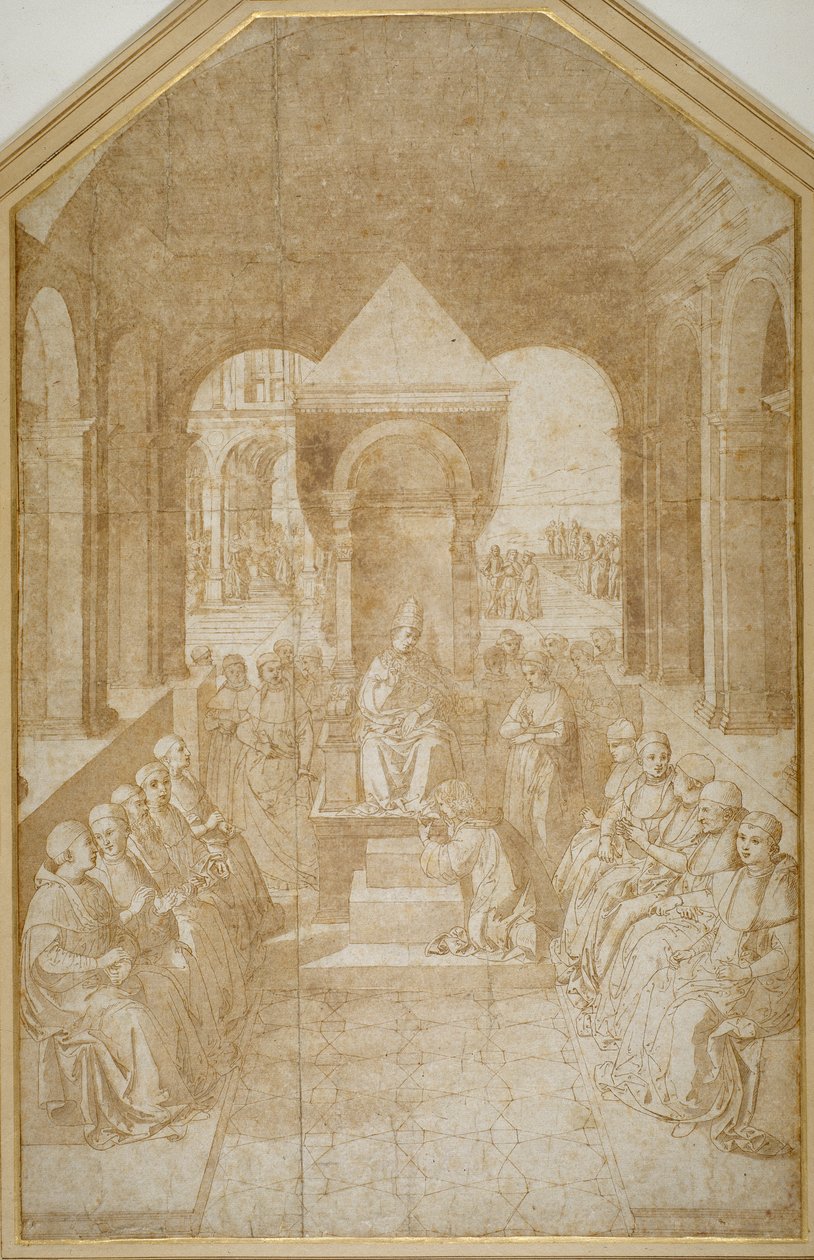 Aeneas Piccolomini kysser tøffelen til pave Eugenius, etter Pinturicchio (penn og brunt blekk med vask på papir) av Sienese School