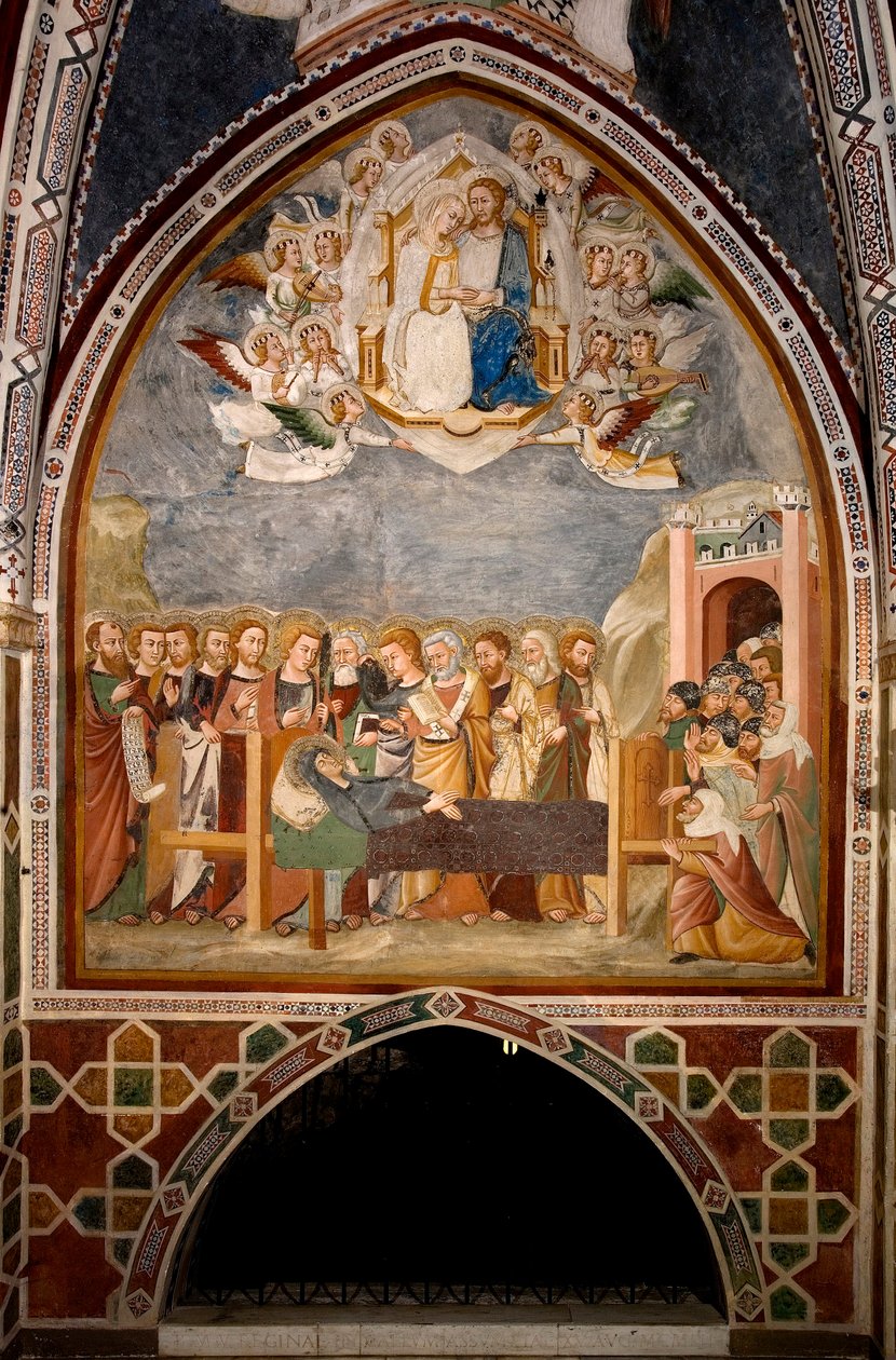Jomfruens liv: "" Dormition and the Assumption of the Virgin""" Fresco of the School of Siena (1300-tallet) Klosteret St. Benedetto (Sacro Speco), Jomfrukapellet a Subiaco (Roma), Italia av Sienese School