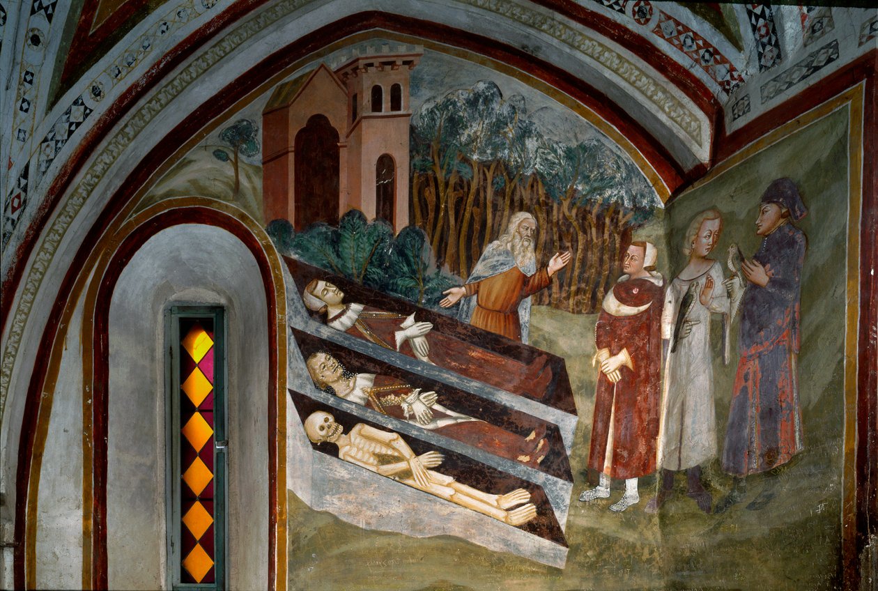 Møte mellom de døde med levende Detalj av en freskomaleri av skolen i Siena. 1300-tallet. Klosteret Saint Benoit (Sacro Speco), trapp, Subiaco (Roma), Italia av Sienese School