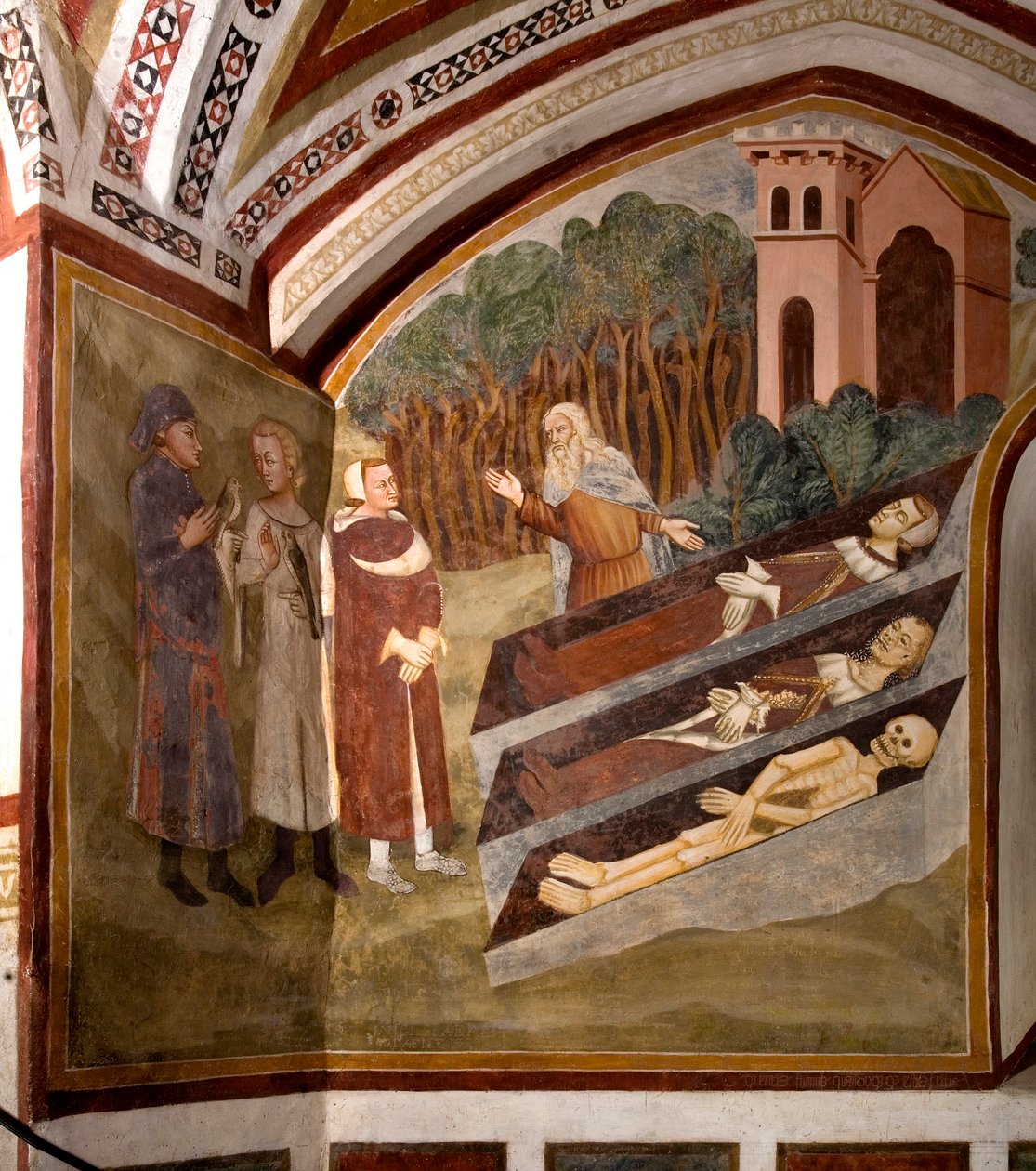 The Meeting of the Three Vives and the Three Dead (eller Dict) De tre levende og en eremitt foran de tre kistene som presenterer lik på forskjellige stadier av nedbrytning. Detalj av en freske av skolen i Siena (1300-tallet) 1363-1366 klosteret av Sienese School
