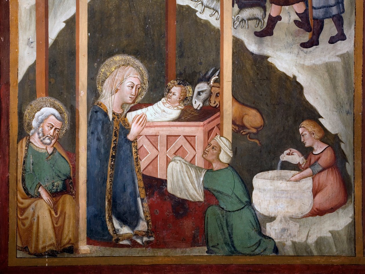 Nativite Fresco av skolen i Siena. 1300-tallet. Jomfruens kapell. Klosteret Saint Benedetto av Sienese School
