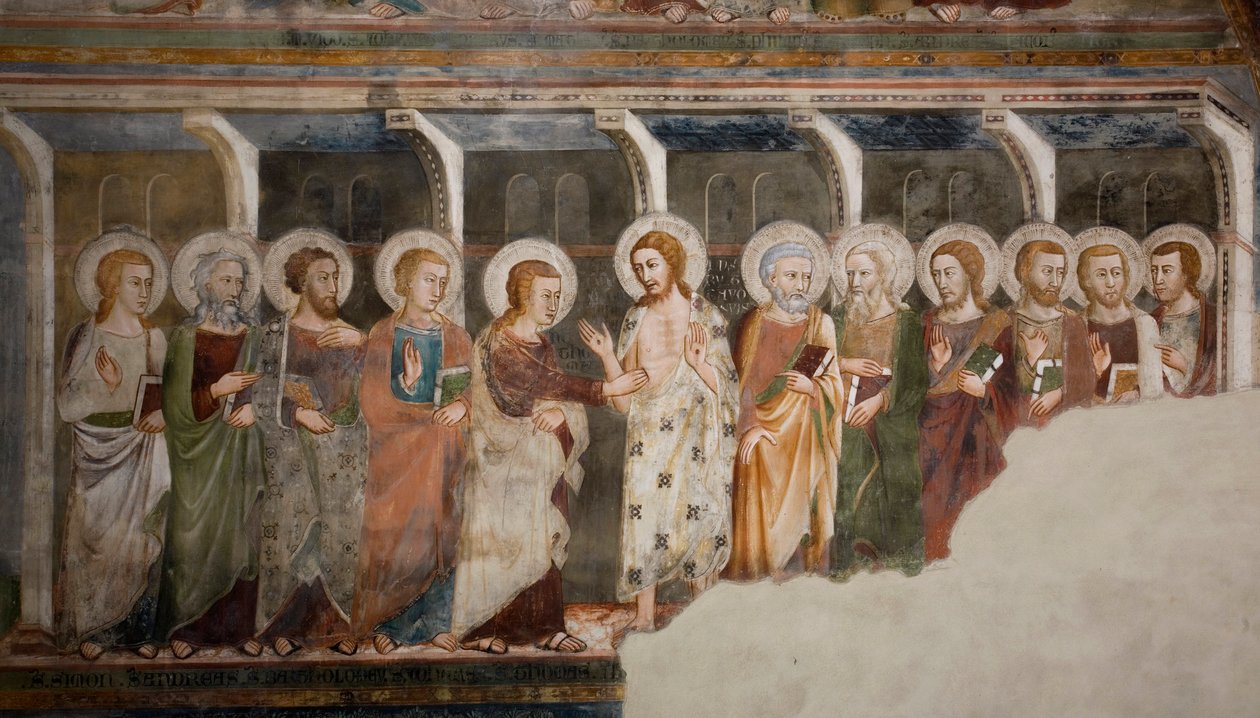 Vantroen til apostelen Thomas Fresco fra skolen i Siena. 1300-tallet. Superior kirke. Klosteret Saint Benedetto (Sacro Speco), Subiaco (Roma), Italia av Sienese School