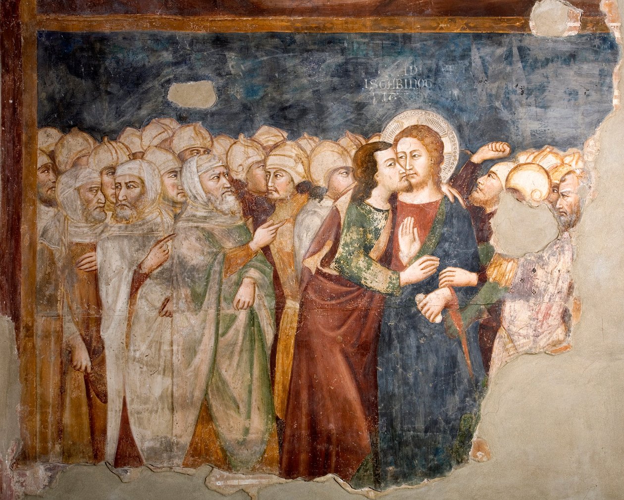 Kysset til Judas Fresco fra skolen i Siena. 1300-tallet. Superior kirke. Klosteret Saint Benedetto (Sacro Speco), Subiaco (Roma), Italia av Sienese School