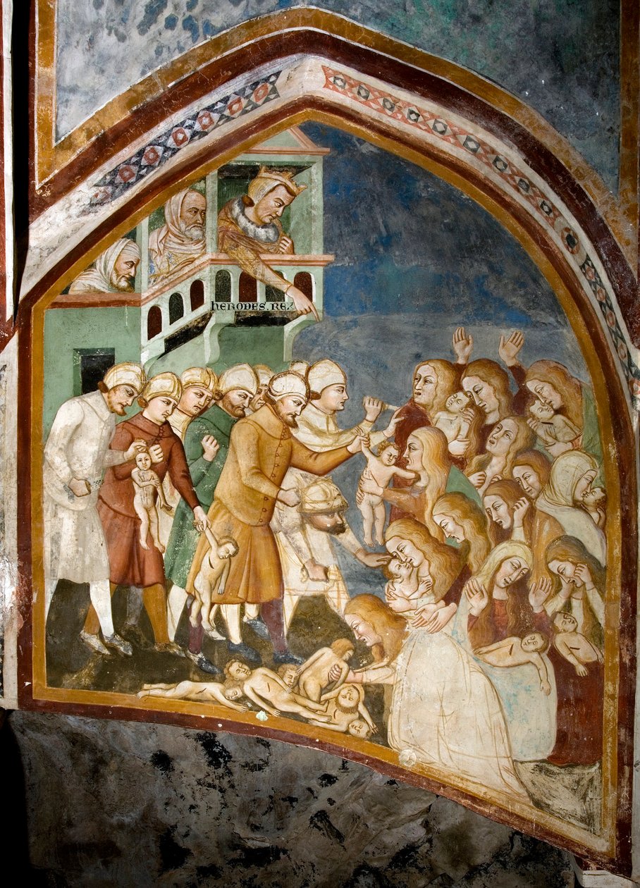 Massakren på de uskyldige Detalj av en freske av skolen i Siena (1300-tallet) 1363-1366 Klosteret St. Benedetto (Sacro Speco), Subiaco (Roma), Italia av Sienese School