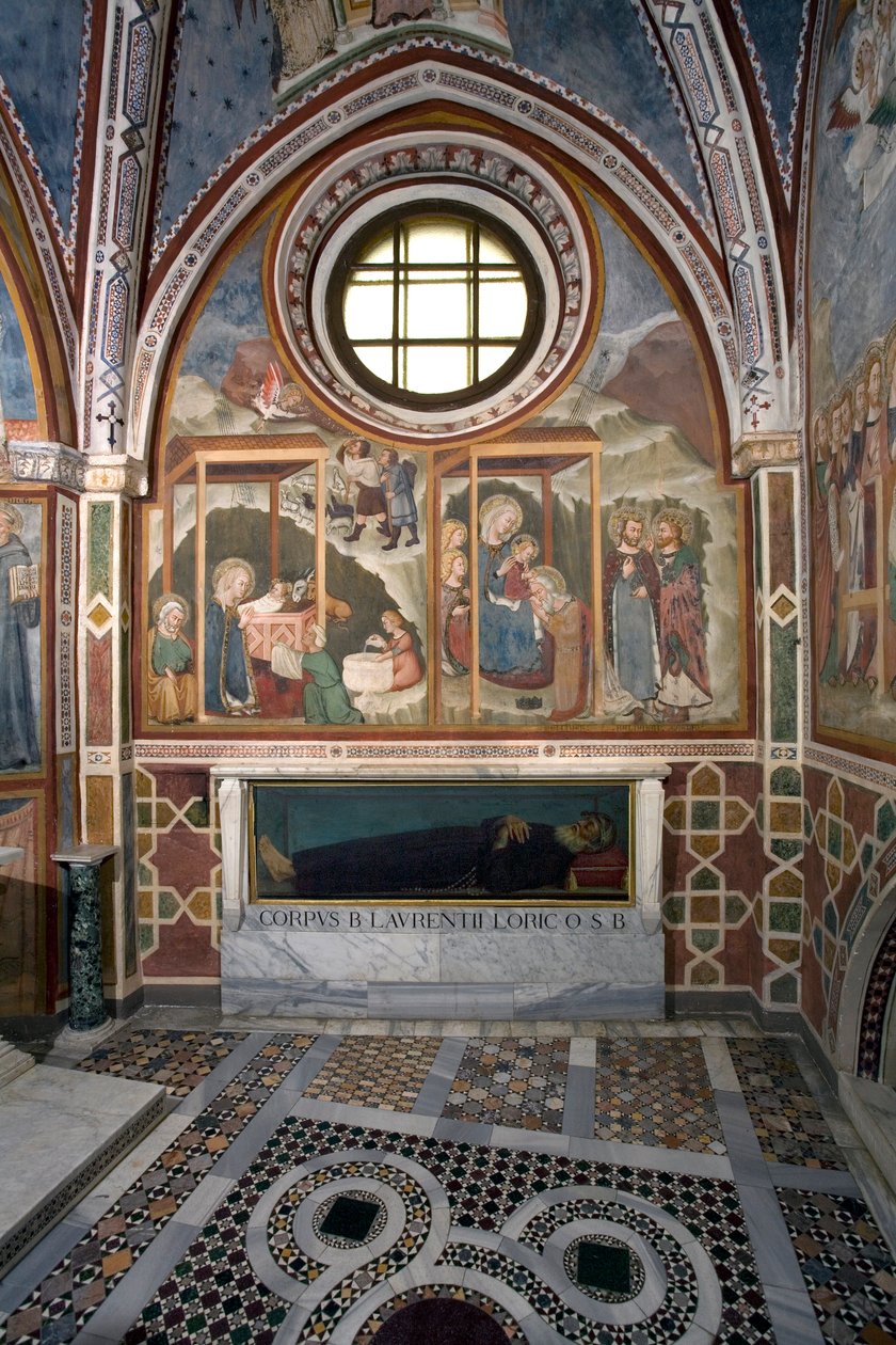 Fødselen og tilbedelsen til Magi Fresco School of Siena. 1300-tallet. Jomfruens kapell. Klosteret Saint Benedetto (Sacro Speco), Subiaco (Roma), Italia av Sienese School