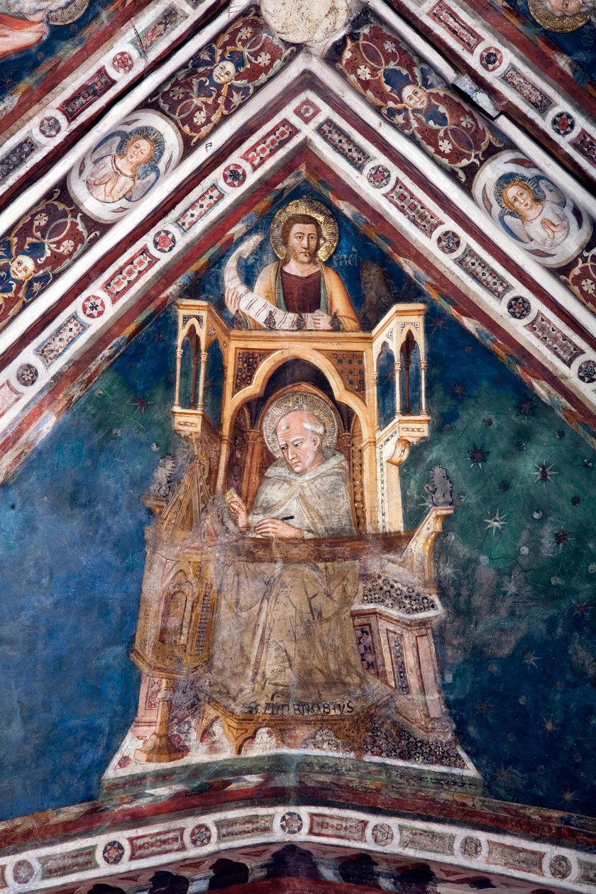 Utsikt over detaljene i en freskomaleri som dekorerer et av hvelvene i den øvre kirke som representerer de fire legene i den romerske kirken: St. Ambrosius av Milano og evangelisten Saint Mark. laget av skolen i Siena fra begynnelsen av 1300-tallet. Monas av Sienese School