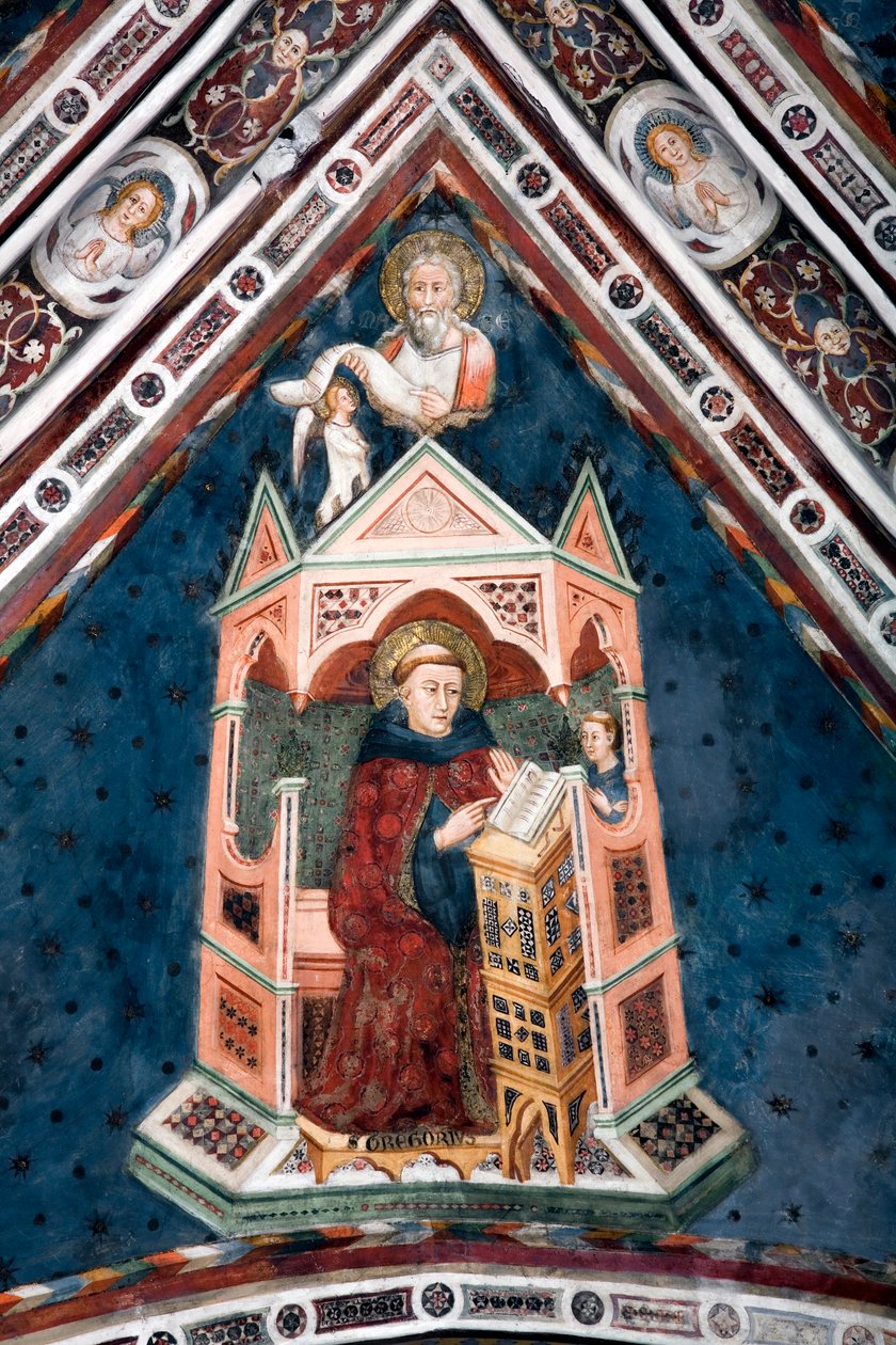 Utsikt over detaljene i en freskomaleri som dekorerer et av hvelvene i den øvre kirke som representerer de fire legene i den romerske kirke: St. Gregoire I den store og evangelisten Saint Mathieu av Sienese School