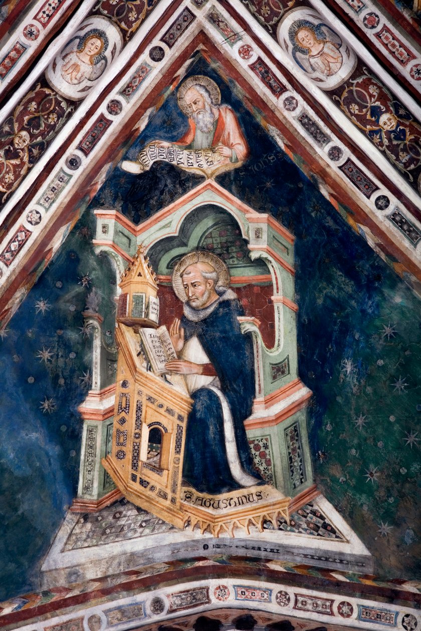 Utsikt over detaljene til en freskomaleri som dekorerer et av hvelvene i den øvre kirke som representerer de fire legene i den romerske kirken: Saint Augustine of Hippo og evangelisten Saint John. Klosteret Saint Benedetto (Sacro Speco), Subiaco (Roma), It av Sienese School