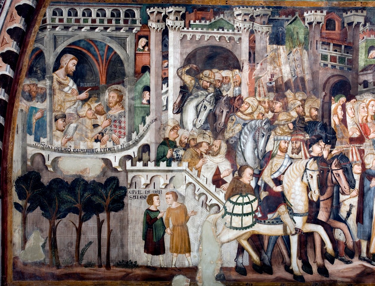 Utsikt over detaljene i en freskomaleri som dekorerer den øvre kirken som viser Montee på Golgata: til venstre Jesus foran Pontius Pilatus. Realisert av skolen i Siena fra begynnelsen av 1300-tallet. Klosteret Saint Benedetto (Sacro Speco), Su av Sienese School