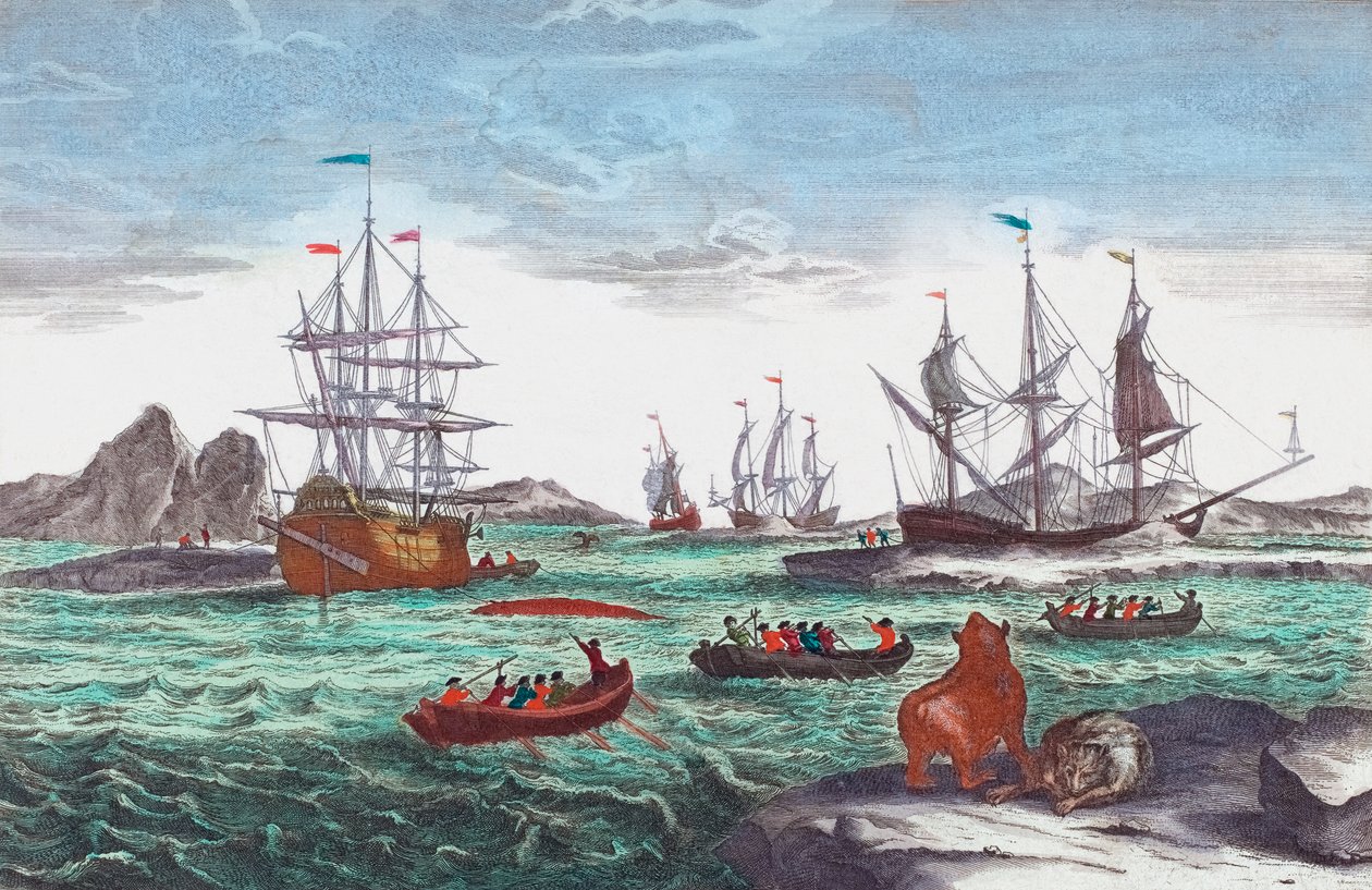 Hvalfangstflåten utenfor Grønland på 1700-tallet (gravering) av Sieuwert van der Meulen
