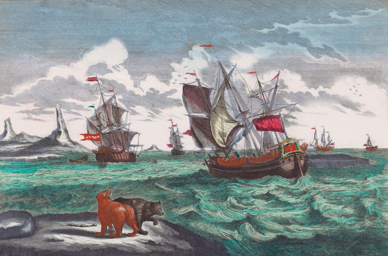 Hvalfangstflåten utenfor Grønland på 1700-tallet (gravering) av Sieuwert van der Meulen