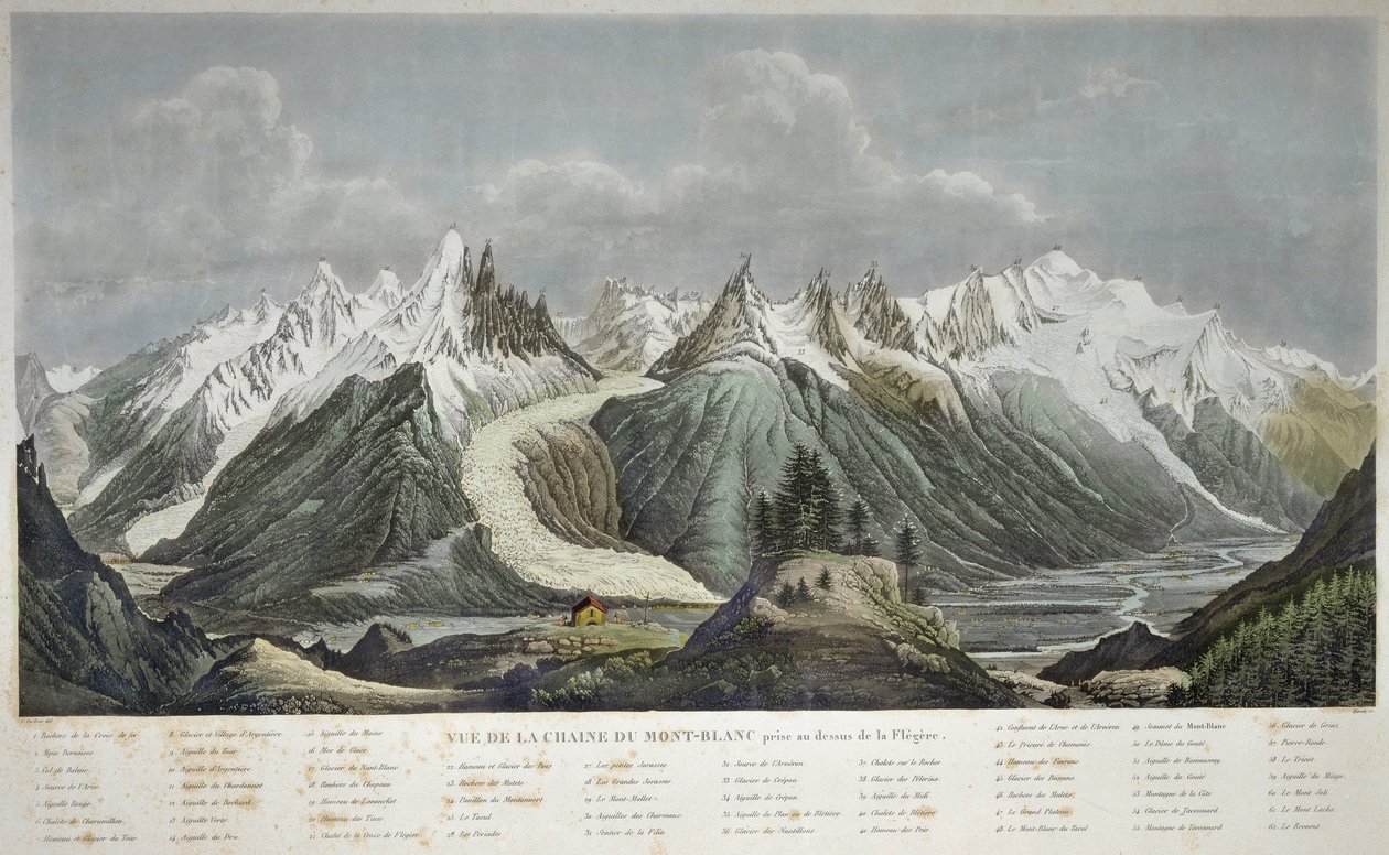 Utsikt over Mont Blanc-massivet (Mont Blanc) - UTSIKT AV CHAINE DU MONT BLANC Tatt over FLEGERE AV SIGISMOND HIMELY 1801-1872 - av Sigismond Himely