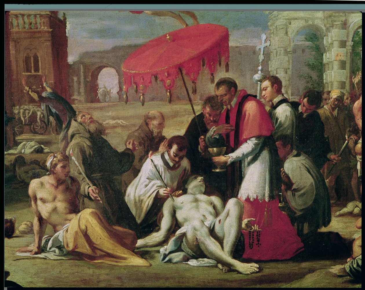 St. Charles Borromeo (1538-84) Fordeling av sakramentet til plageofre i 1576 (detaljer fra 78610) av Sigismondo Caula
