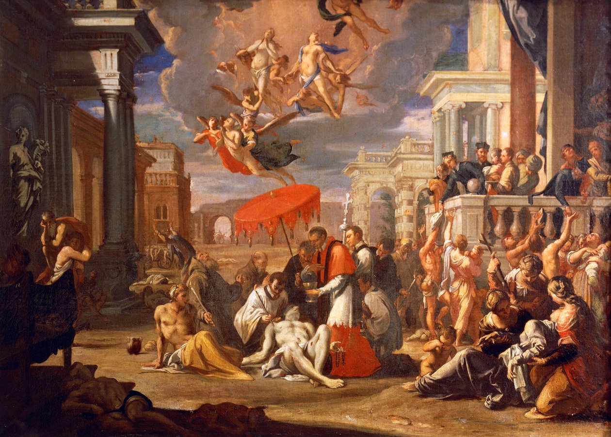 St. Charles Borromero administrerer nattverd til plageofre i 1576, av Sigismund Caula (1637-1713), olje på lerret, 97x147 cm av Sigismondo Caula