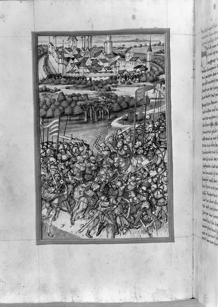 HB V 52 fol. 70v Illustrasjon av slaget ved Lechfeld, fra Augsburg Chronicle, 1457 av Sigismund Meisterlin