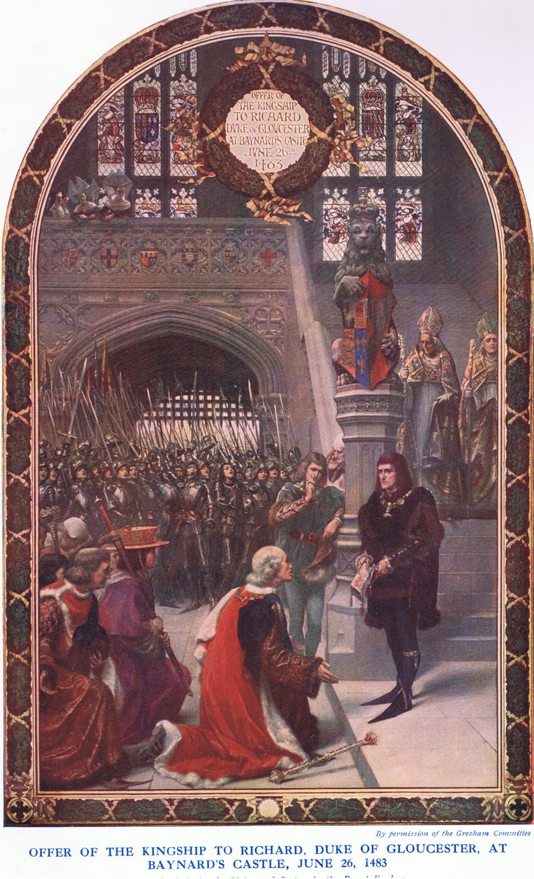 Tilbud om kongedømmet til Richard Duke of Gloucester ved Baynards Castle, 26. juni 1483, fra Cassells History of the British People utgitt av Waverley Book Company Limited, ca. 1940 av Sigismund Christian Hubert Goetze
